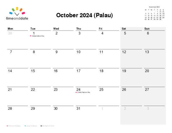 Calendar for 2024 in Palau