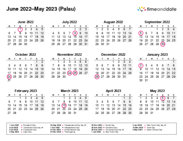 Calendar for 2022 in Palau