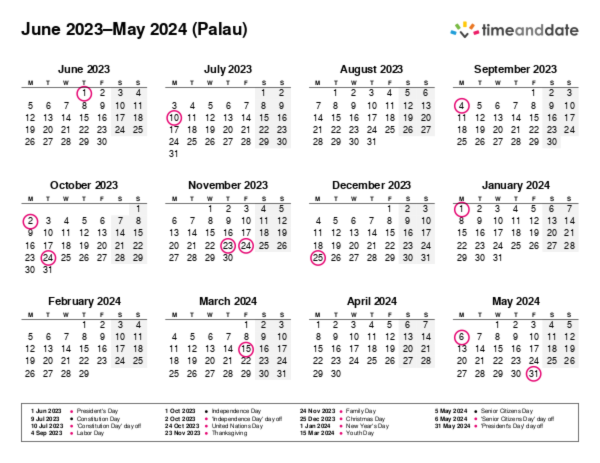 Calendar for 2023 in Palau