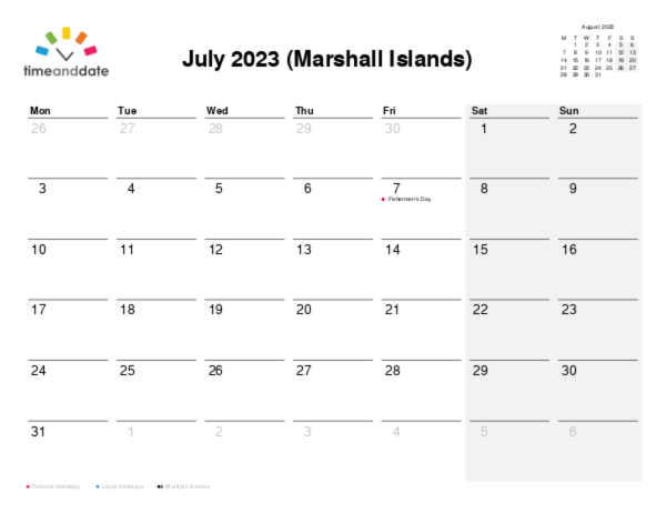 Calendar for 2023 in Marshall Islands
