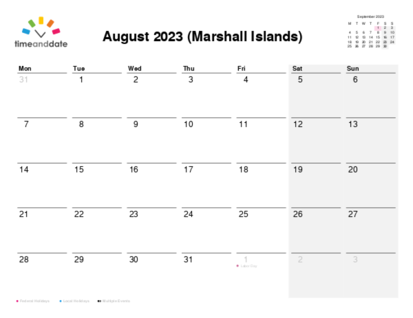 Calendar for 2023 in Marshall Islands
