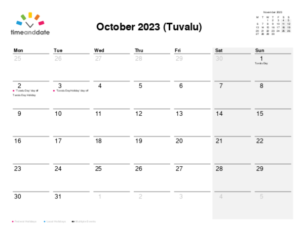 Calendar for 2023 in Tuvalu