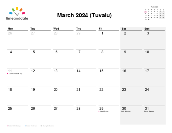 Calendar for 2024 in Tuvalu