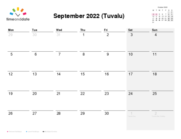 Calendar for 2022 in Tuvalu