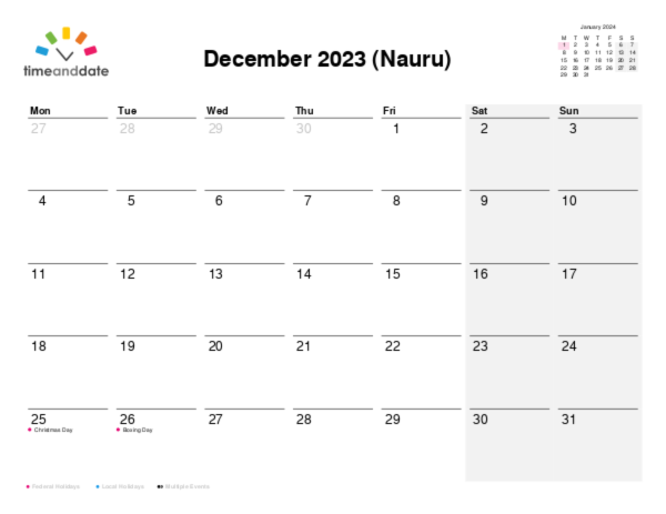 Calendar for 2023 in Nauru