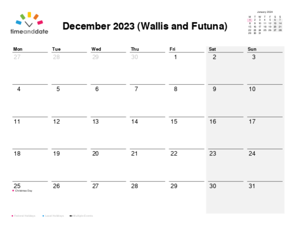 Calendar for 2023 in Wallis and Futuna