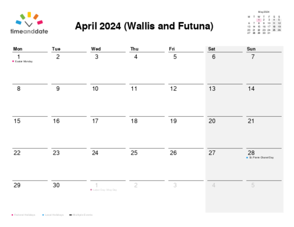 Calendar for 2024 in Wallis and Futuna