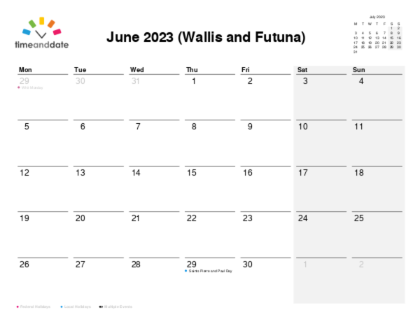 Calendar for 2023 in Wallis and Futuna