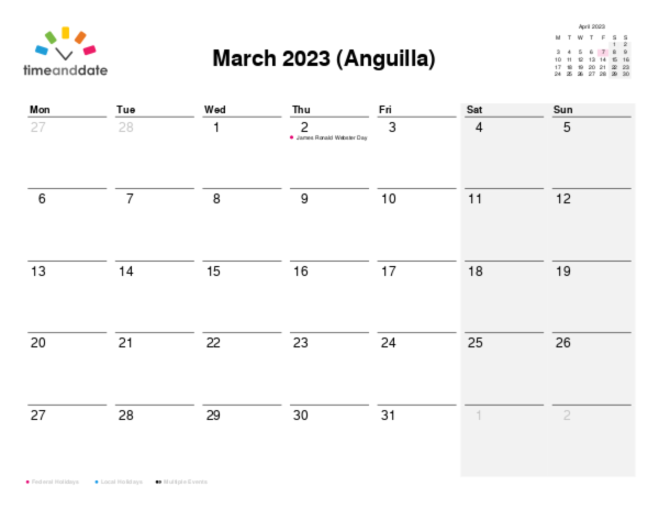 Calendar for 2023 in Anguilla