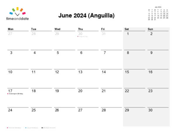 Calendar for 2024 in Anguilla