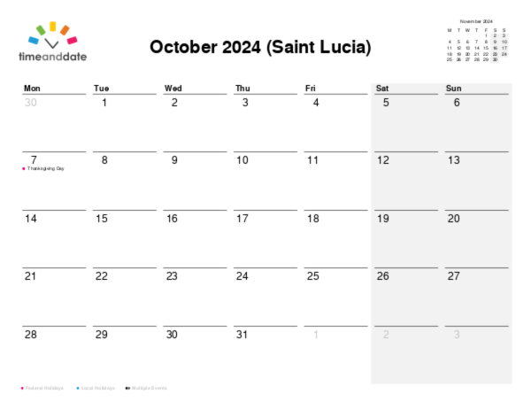 Calendar for 2024 in Saint Lucia