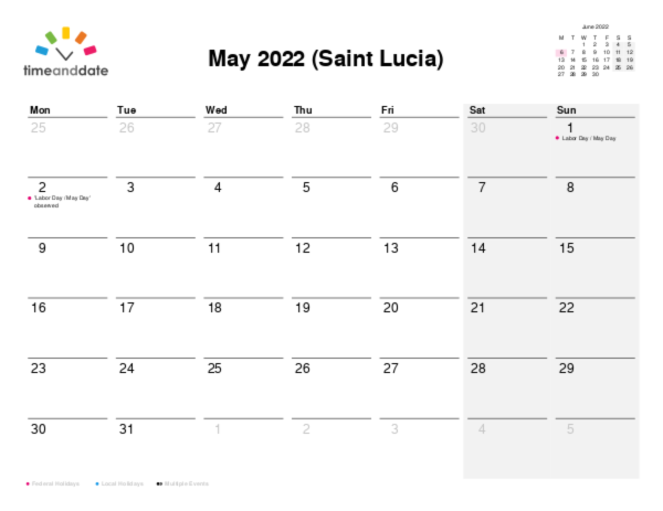 Calendar for 2022 in Saint Lucia