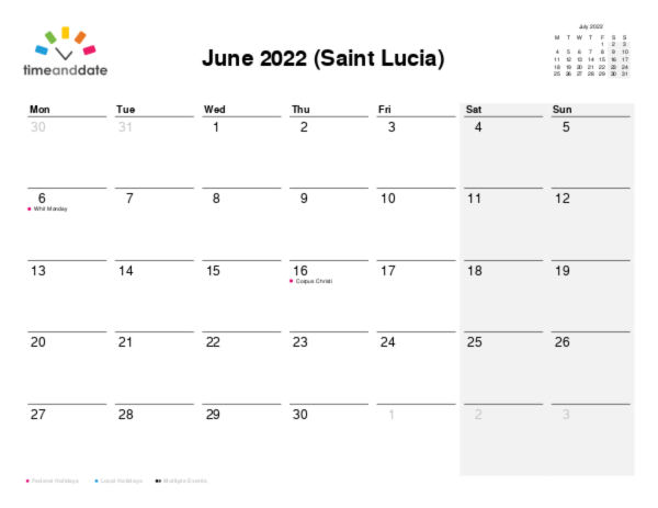 Calendar for 2022 in Saint Lucia