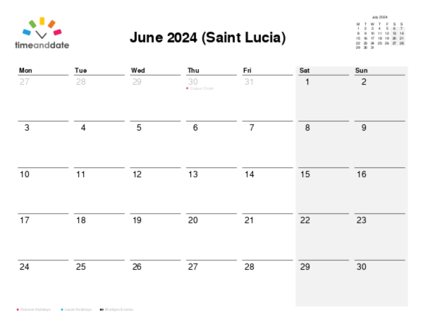 Calendar for 2024 in Saint Lucia