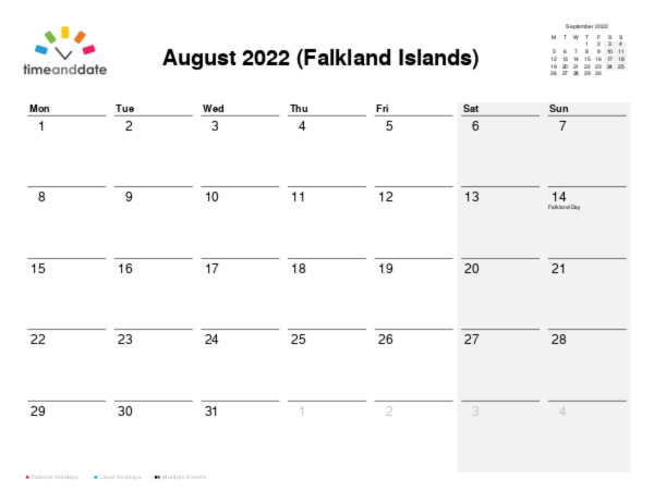 Calendar for 2022 in Falkland Islands