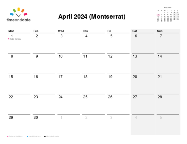 Calendar for 2024 in Montserrat