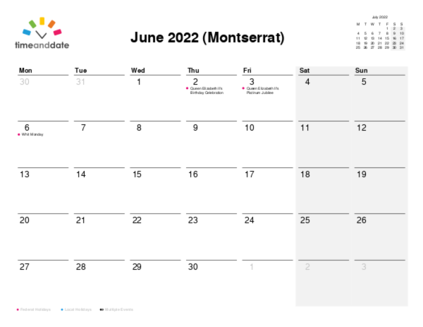 Calendar for 2022 in Montserrat