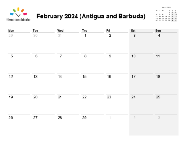 Calendar for 2024 in Antigua and Barbuda