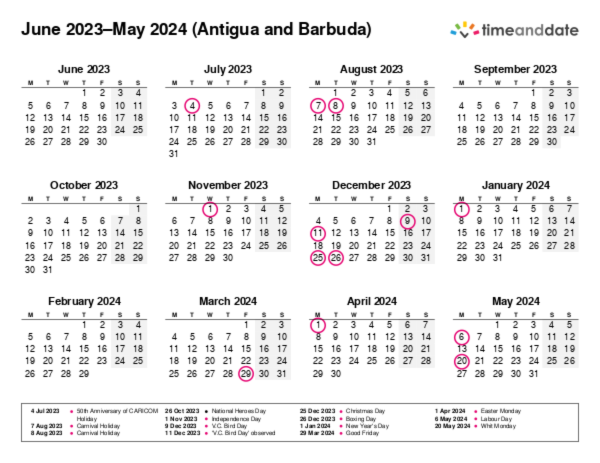 Calendar for 2023 in Antigua and Barbuda