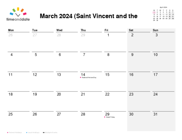 Calendar for 2024 in Saint Vincent and the Grenadines