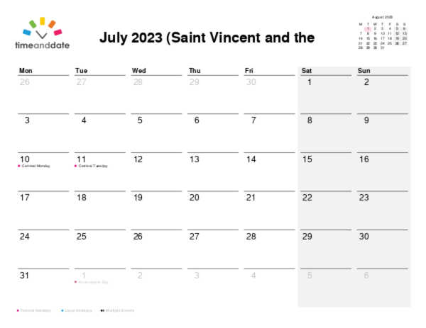 Calendar for 2023 in Saint Vincent and the Grenadines