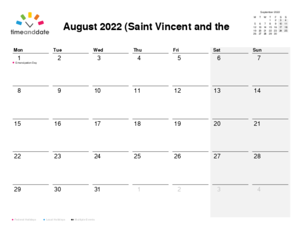 Calendar for 2022 in Saint Vincent and the Grenadines