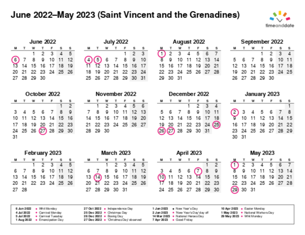 Calendar for 2022 in Saint Vincent and the Grenadines