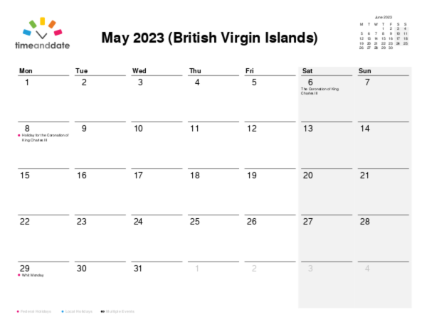 Calendar for 2023 in British Virgin Islands