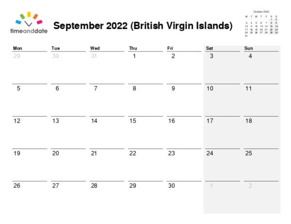 Calendar for 2022 in British Virgin Islands