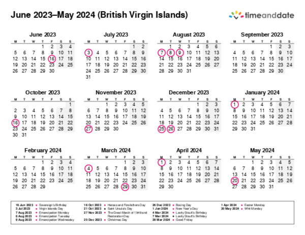 Calendar for 2023 in British Virgin Islands