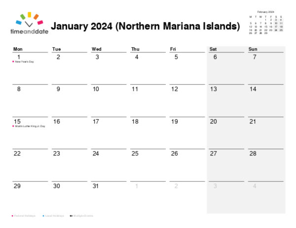 Calendar for 2024 in Northern Mariana Islands
