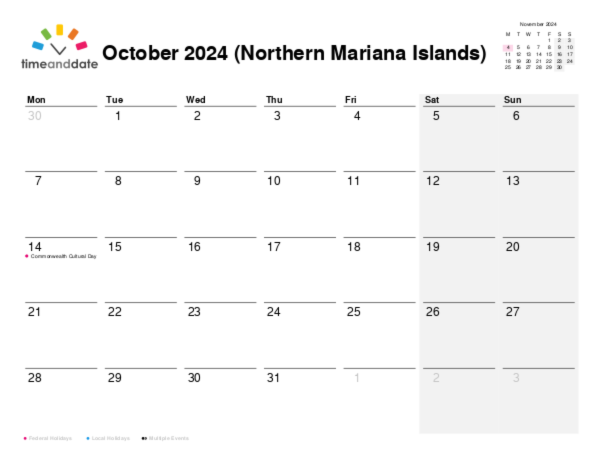 Calendar for 2024 in Northern Mariana Islands
