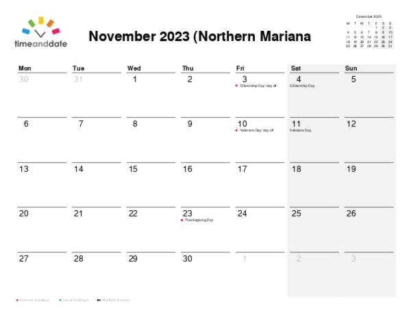 Calendar for 2023 in Northern Mariana Islands