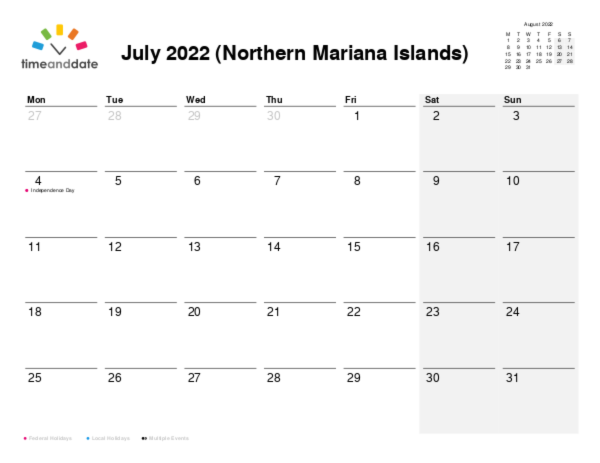 Calendar for 2022 in Northern Mariana Islands