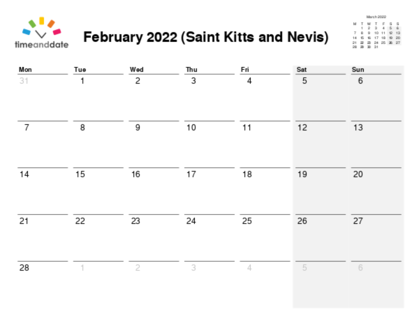 Calendar for 2022 in Saint Kitts and Nevis