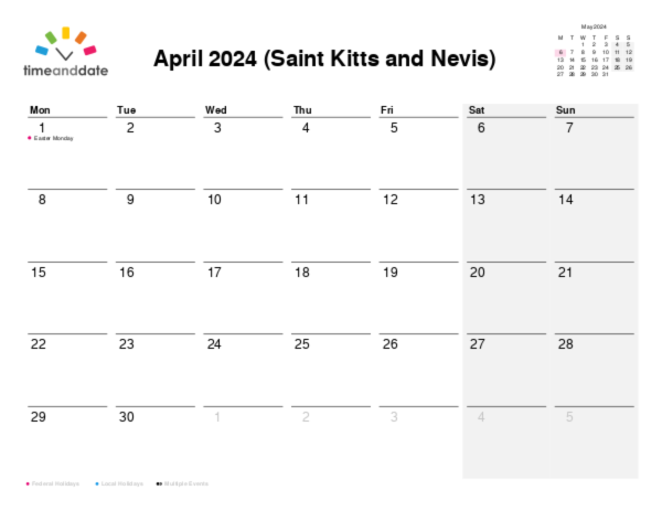 Calendar for 2024 in Saint Kitts and Nevis