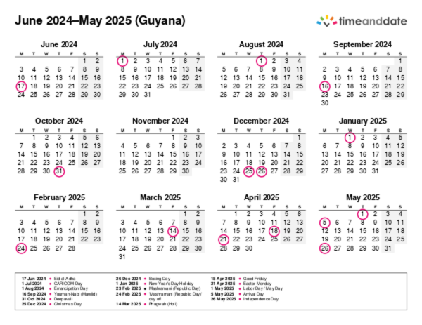 Calendar for 2024 in Guyana