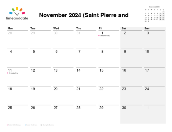 Calendar for 2024 in Saint Pierre and Miquelon