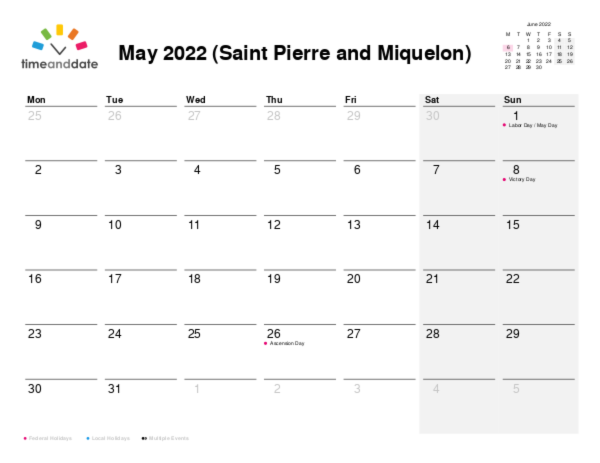 Calendar for 2022 in Saint Pierre and Miquelon