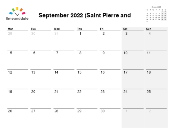 Calendar for 2022 in Saint Pierre and Miquelon