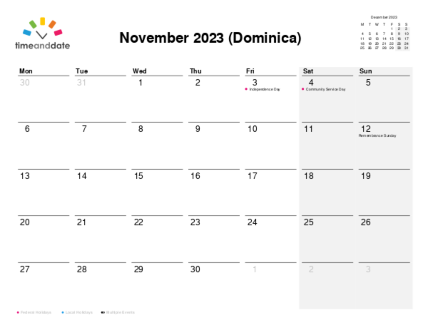 Calendar for 2023 in Dominica