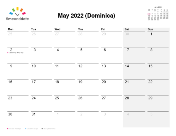 Calendar for 2022 in Dominica