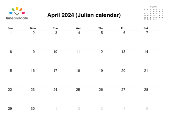Calendar for 2024 in Julian calendar
