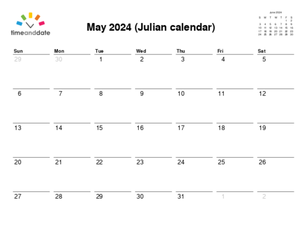 Calendar for 2024 in Julian calendar