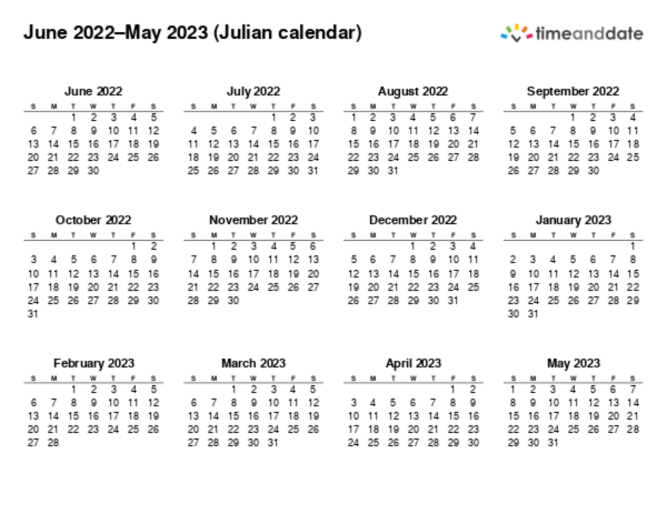 Calendar for 2022 in Julian calendar
