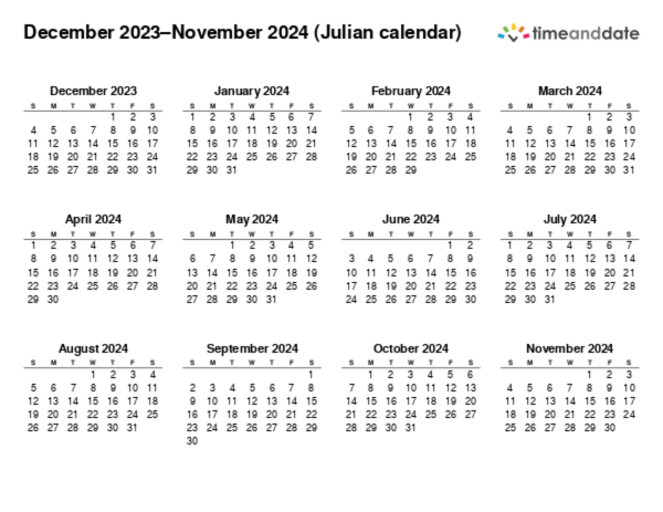 Printable Calendar 2023 for Julian calendar (PDF)