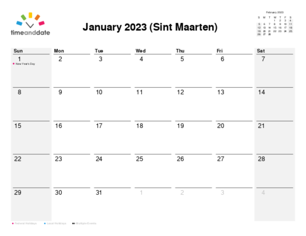 Calendar for 2023 in Sint Maarten