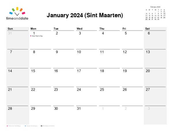 Calendar for 2024 in Sint Maarten