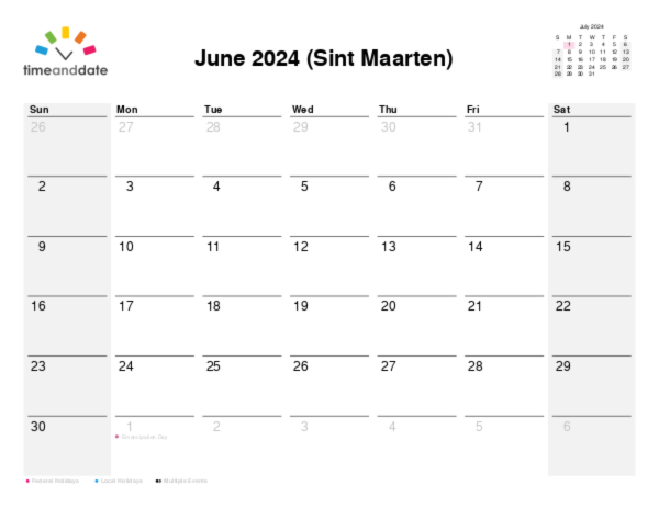 Calendar for 2024 in Sint Maarten