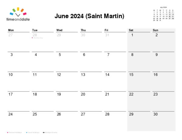 Calendar for 2024 in Saint Martin
